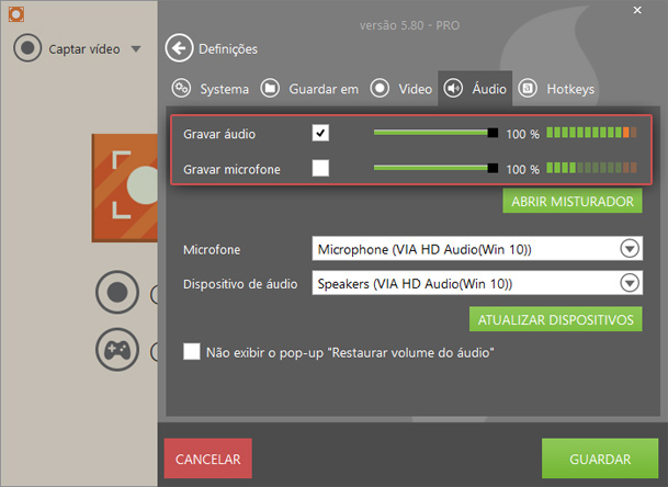 Guia Áudio no painel Configurações Guia Áudio no painel Configurações