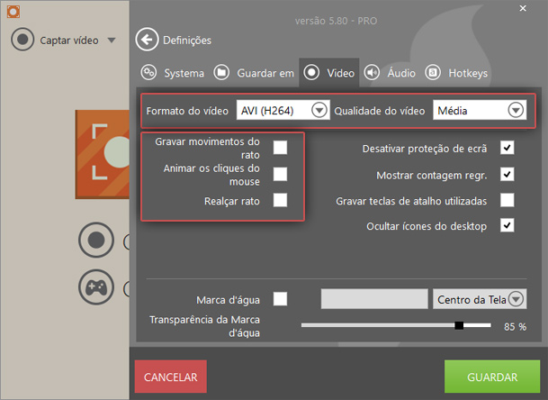 Configurações de vídeo de gravador de video online Configurações de vídeo de gravador de video online