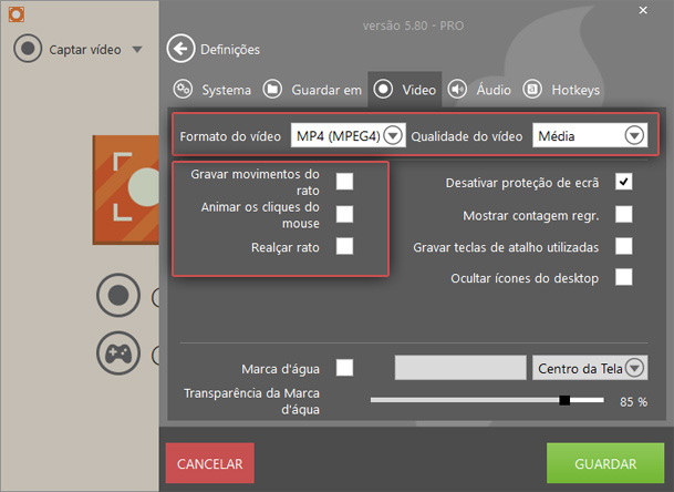 Configurações de vídeo de gravador de tela Configurações de vídeo de gravador de tela