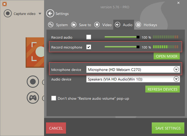 ice cream recorder webcamera settings