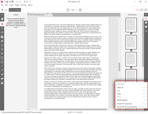 Thumbnails area menu to rotate PDF pages