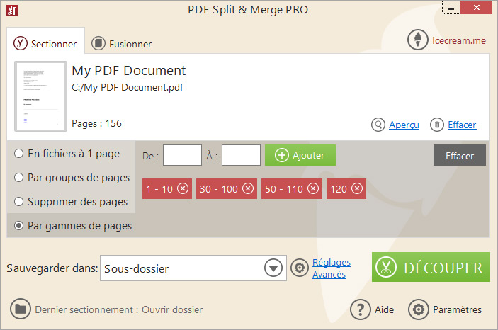 Sectionnement d'un fichier PDF