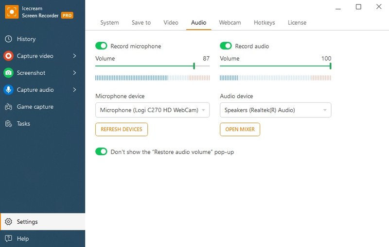 Configurações de áudio para gravação pela webcam