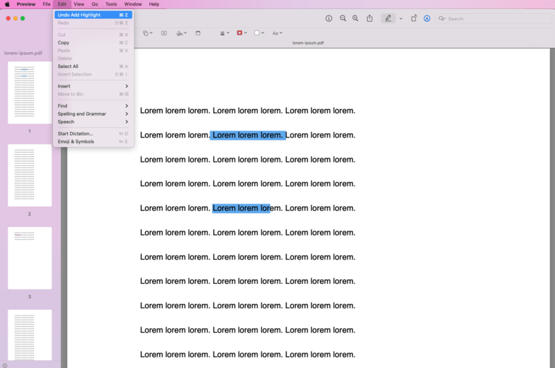 Undo highlight on a PDF on Mac