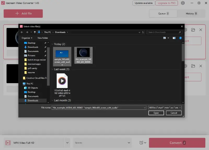 Import files for WebM to MP4 conversion to Icecream Video Converter