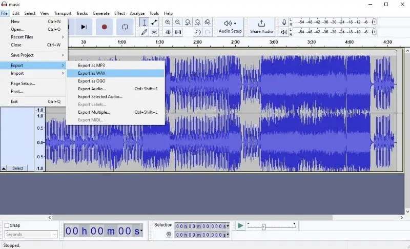 Convertir audio a WAV en Audacity