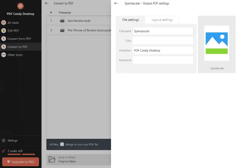 EPUB to PDF conversion screen in PDF Candy Desktop EPUB to PDF conversion screen in PDF Candy Desktop