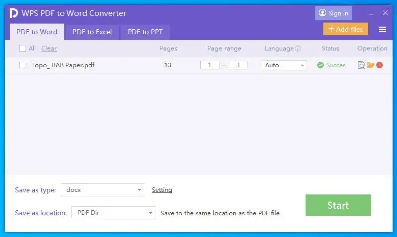 Интерфейс программы WPS PDF to Word Converter