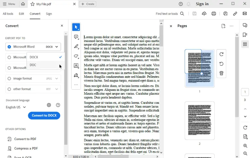 Конвертирование PDF в DOC формат в Adobe Acrobat