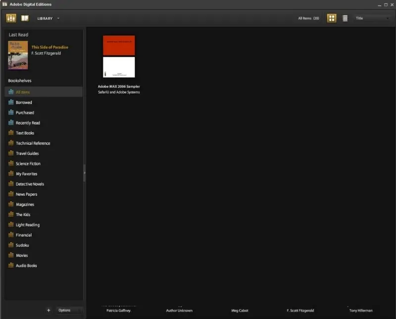 Adobe Digital Editions bookshelf view