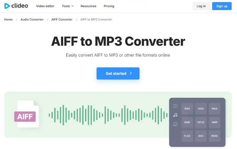 Clideo AIFF to MP3 converter upload screen Clideo AIFF to MP3 converter upload screen