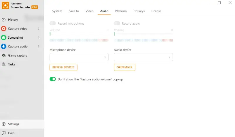 Screen recording settings for audio