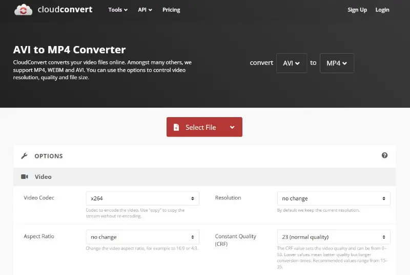 AVI to MP4 converter interface on CloudConvert website