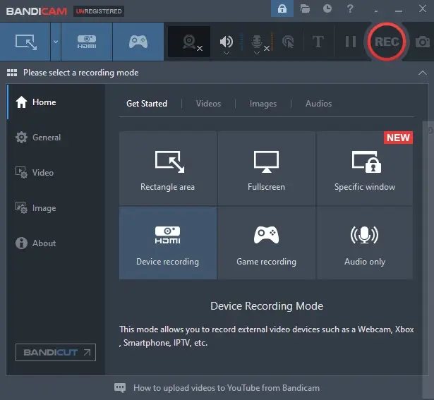 Bandicam start screen - record webcam mode Bandicam start screen - record webcam mode