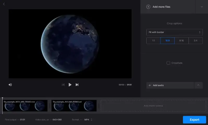 Clideo merge videos interface