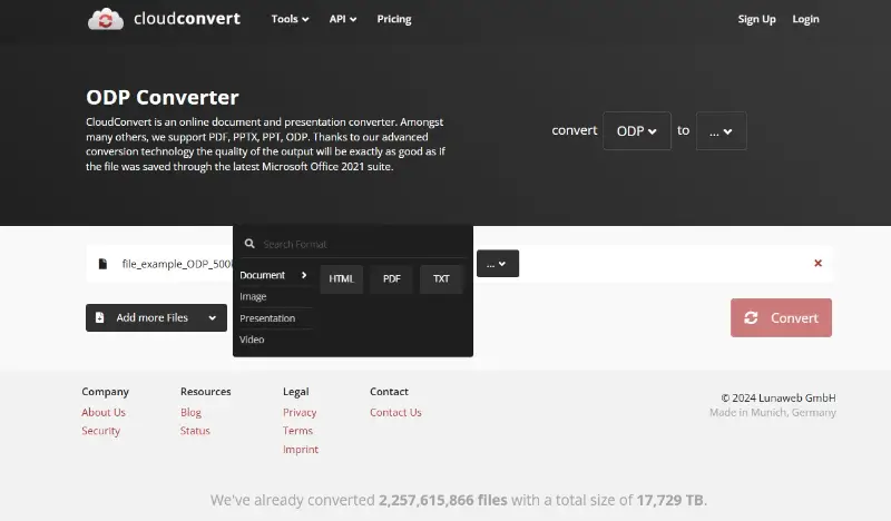 Online ODT to PDF converter CloudConvert