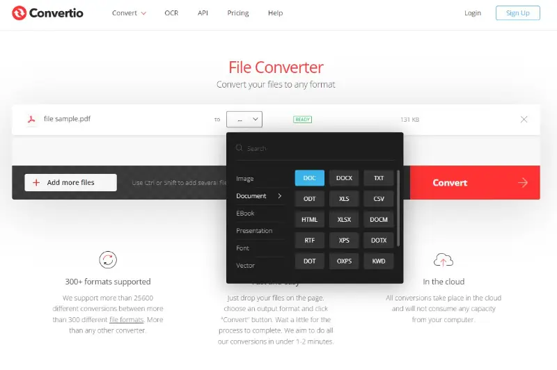 PDF to DOC conversion in Convertio