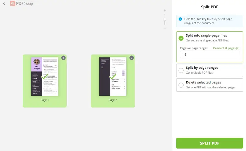 Split PDF files online with PDF Candy