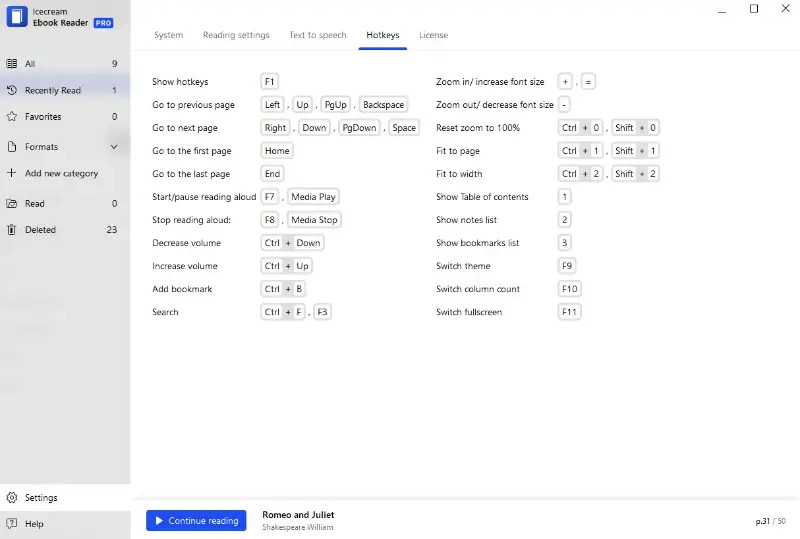 Hotkeys available in Icecream Ebook Reader