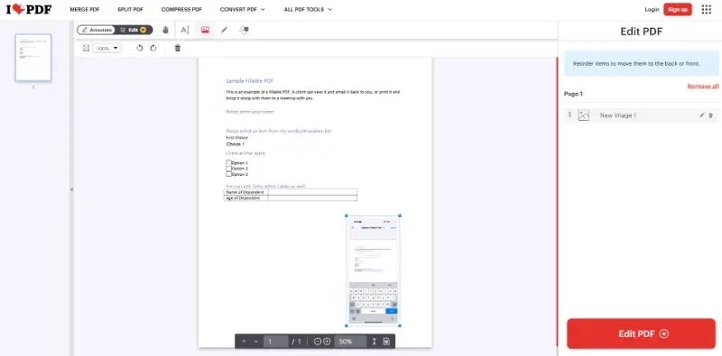 Using iLovePDF to add JPG image to a PDF online