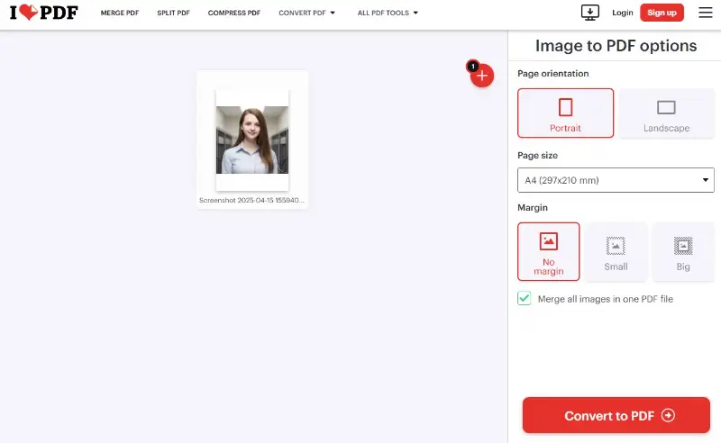 Changing JPG to PDF in iLovePDF