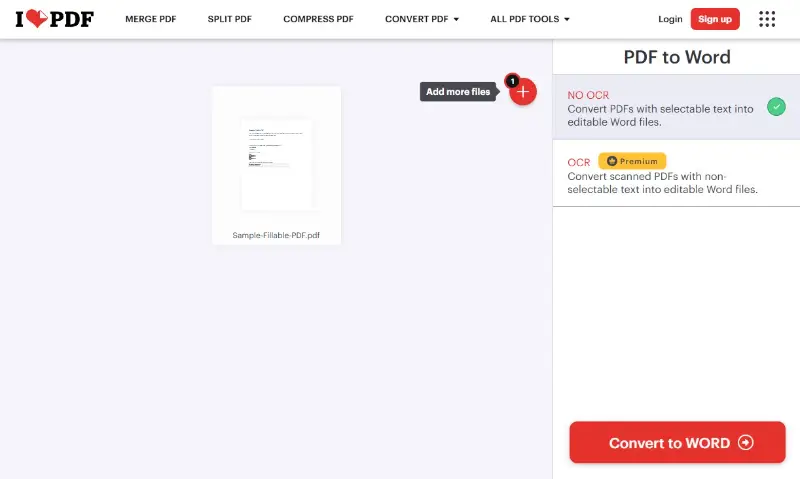 iLovePDF PDF to Word converter interface
