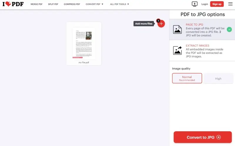 Zmiana PDF na JPG online przy użyciu iLovePDF