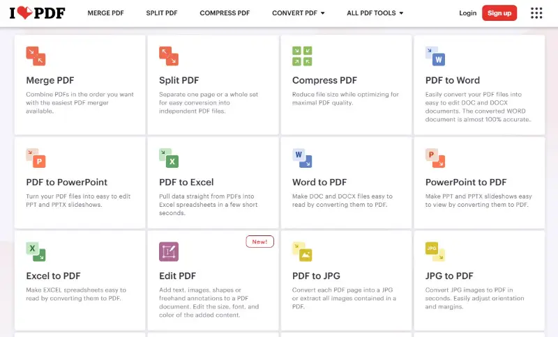 iLovePDF file conversion interface