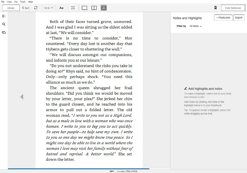 Kindle ePub reader interface