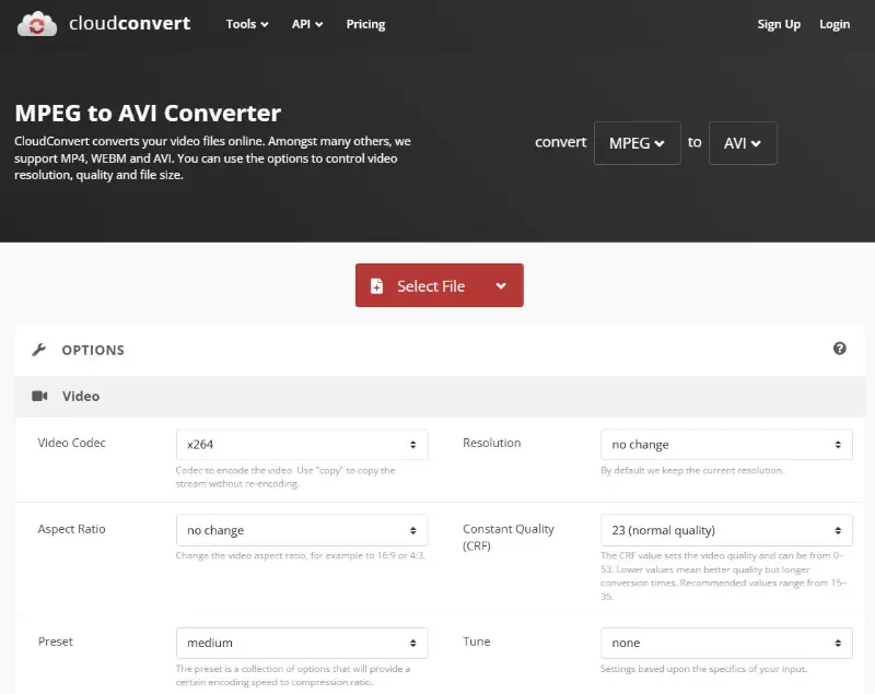 Convert MPEG to AVI online with CloudConvert