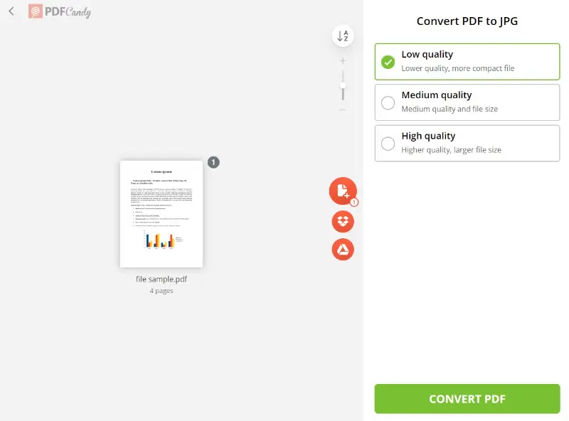 Online PDF to JPG converter of PDF Candy website
