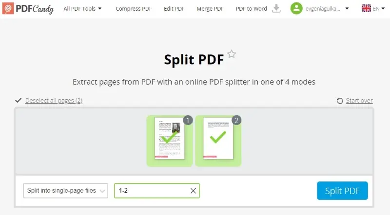 Онлайн инструмент для разделения PDF на страницы PDF Candy
