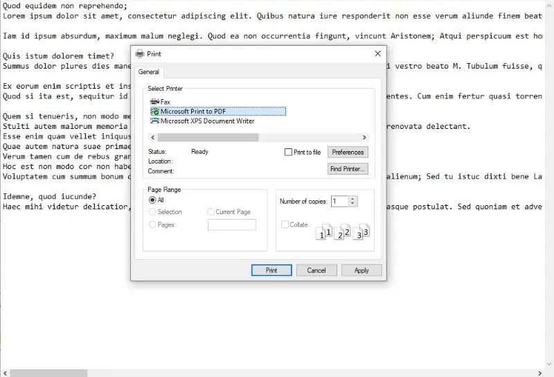 Using Notepad and Print to PDF on Windows