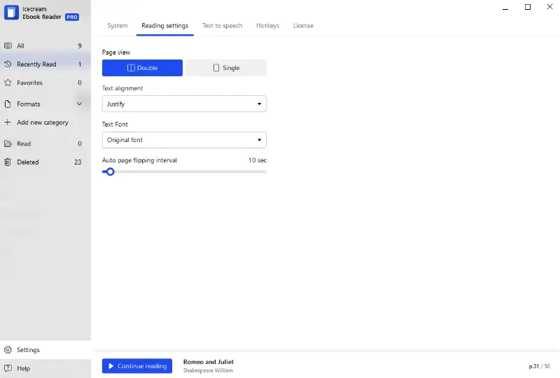 Reading settings of Icecream Ebook Reader