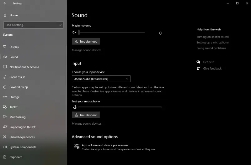 System settings on Windows