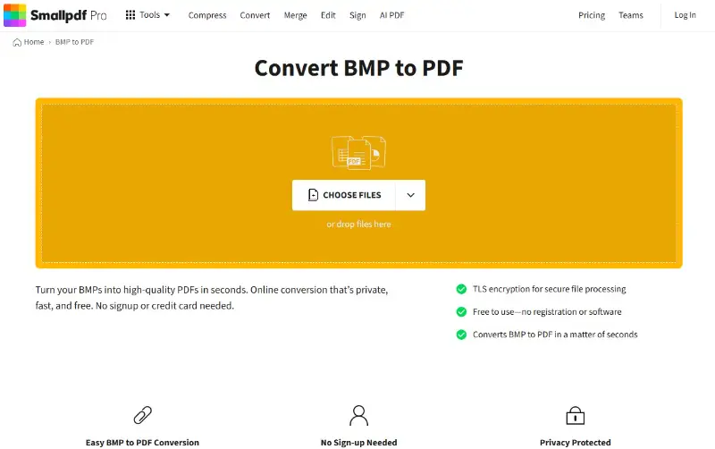 Convert BMP to PDF online using SmallPDF