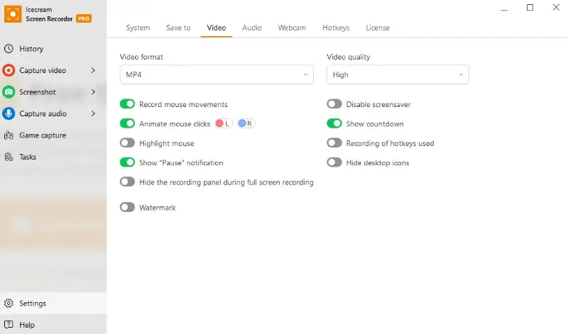 Settings of the HP screen recorder