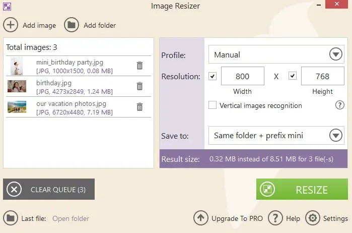 Parameters to batch resize photos in Icecream Image Resizer