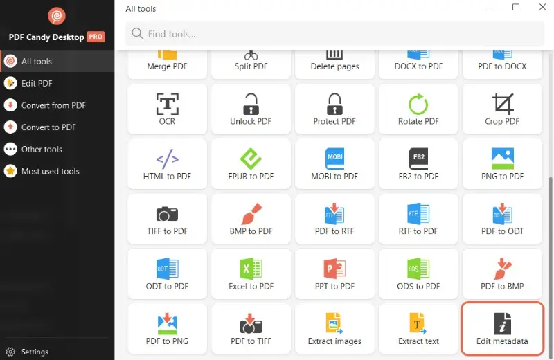 Найдите редактор метаданных PDF в программе PDF Candy Desktop