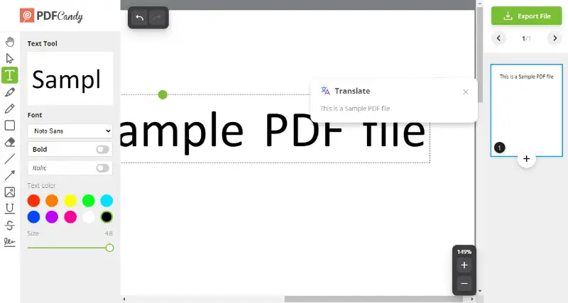 Translate text in AI PDF editor