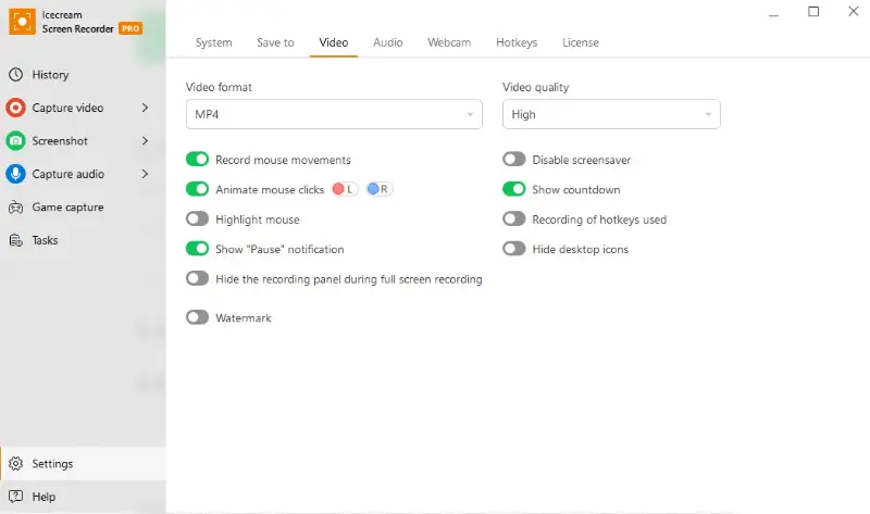 Video setting in Icecream Screen recorder