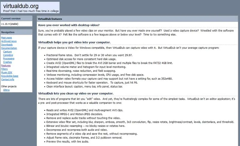 Вид официального сайта программы для монтажа видео VirtualDub