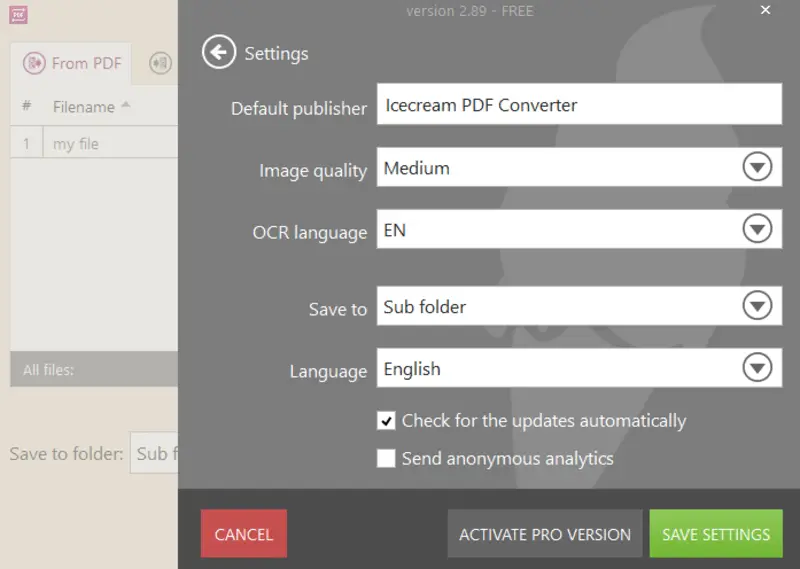 Convert a document to PDF - settings