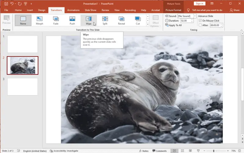 Apply transition effect between the slides in presentation in Microsoft PowerPoint