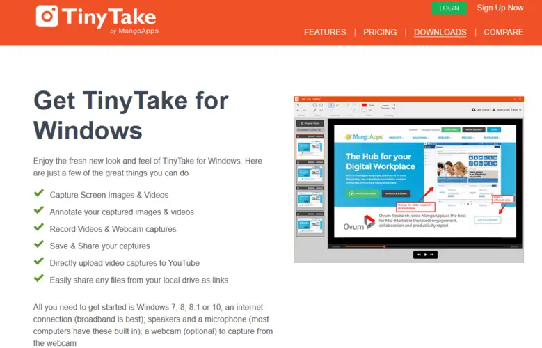 Sitio web de TinyTake Desktop Recorder