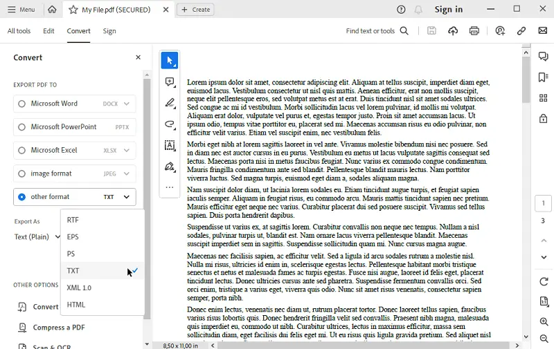 Преобразование PDF в текст с помощью Adobe Acrobat