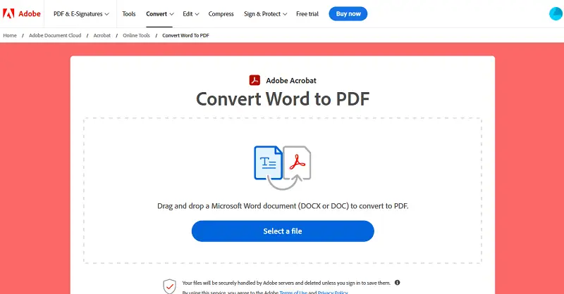 Перевод DOCX в PDF онлайн с помощью Adobe Acrobat