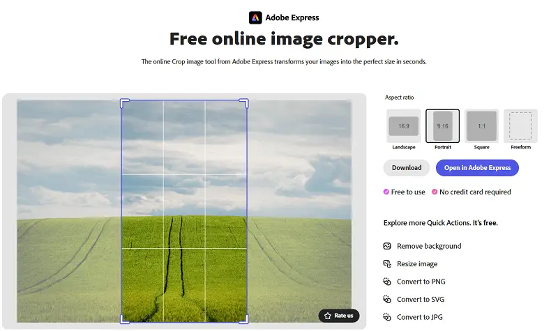 Online photo cropper interface of Adobe Express