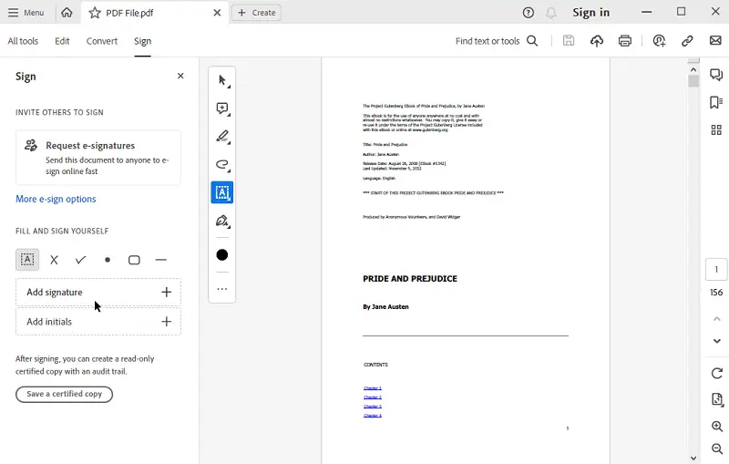 Fill and sign menu of Adobe Acrobat