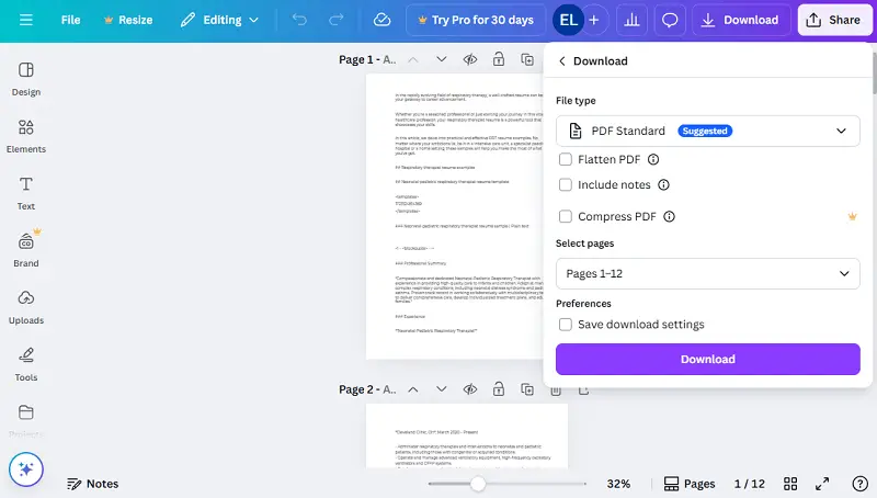 Convert Word to PDF in Canva